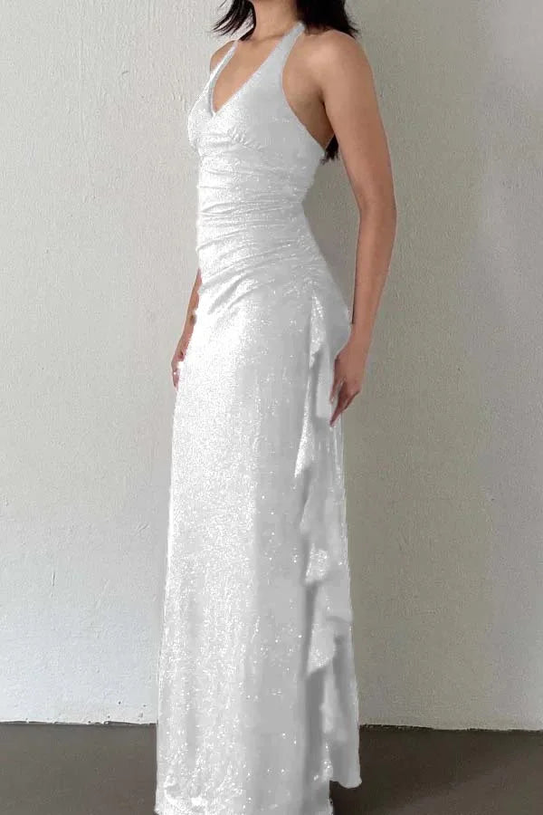 Charming V-Neck Halter Burgundy Ruffles Prom Dress ZT0740