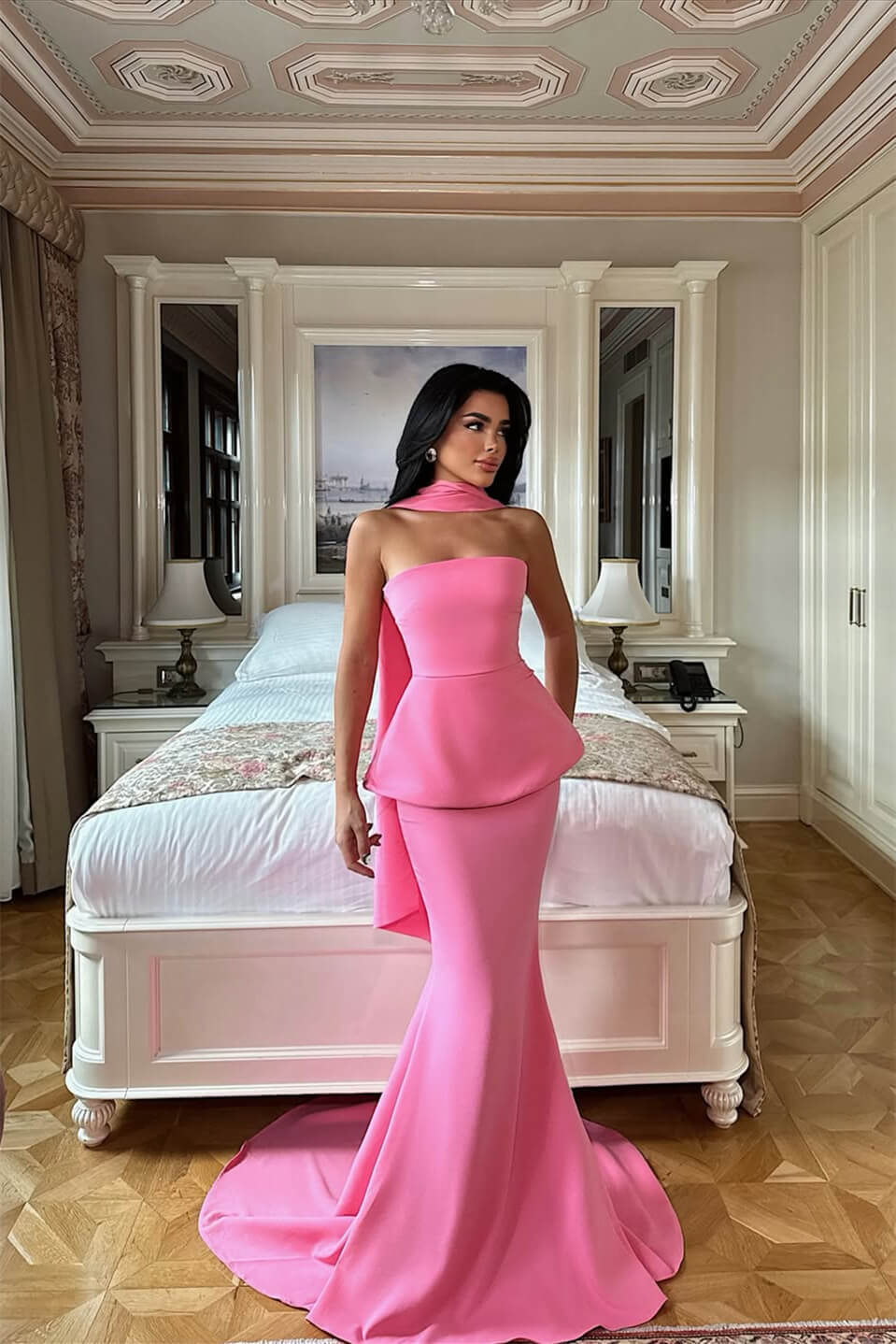 Pink Strapless Sleeveless Mermaid Evening Gowns