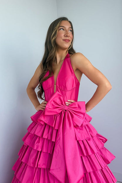 Ball Gown Halter Fuchsia Satin Ruffle Tiered Long Prom Dress