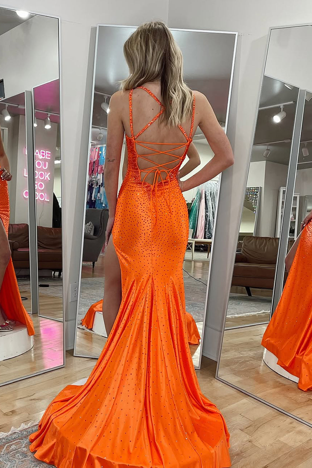 Mermaid V Neck Orange Satin Long Prom Dresses with Beading