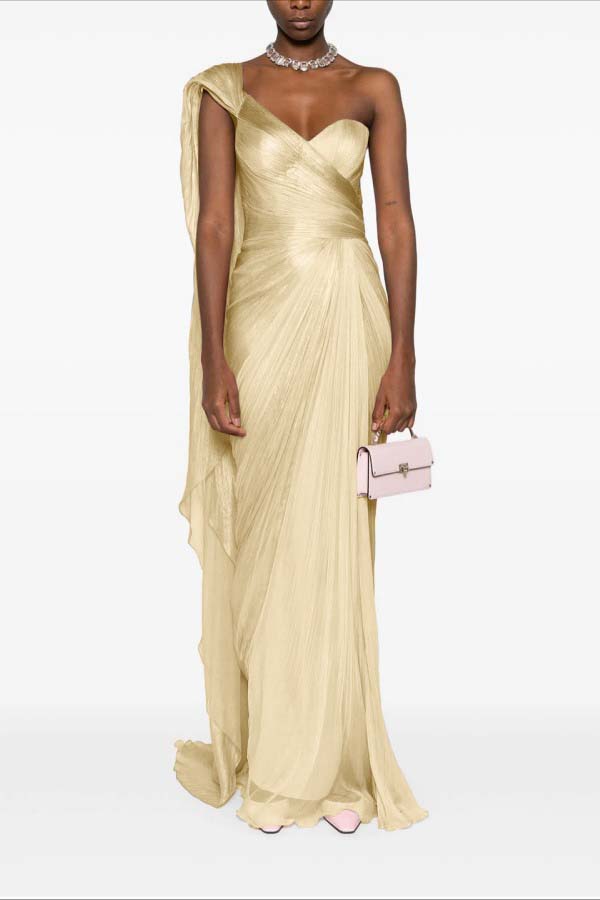 Asymmetric Neck One Shoulder Sleeveless Long Pleated Mermaid Prom Dress With Ruffles