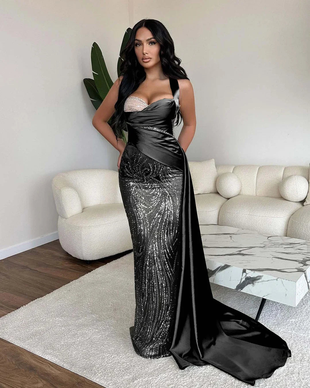 Elegant One Shoulder Mermaid Sequins Evening Dress Ball Gown With Ruffles