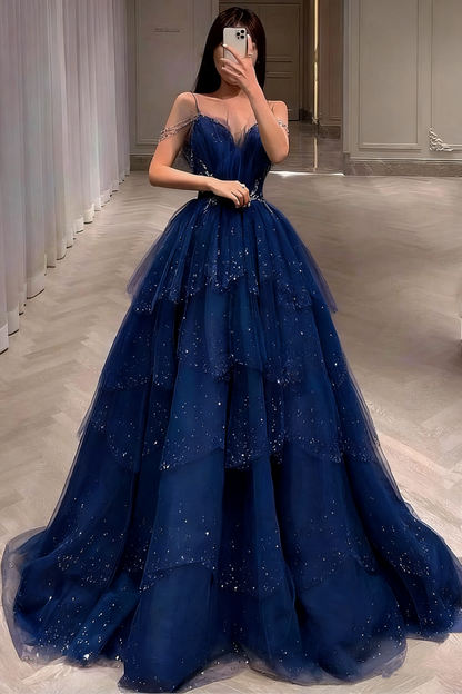 Gorgeous Blue Sparkly Tulle Beaded Prom Dress