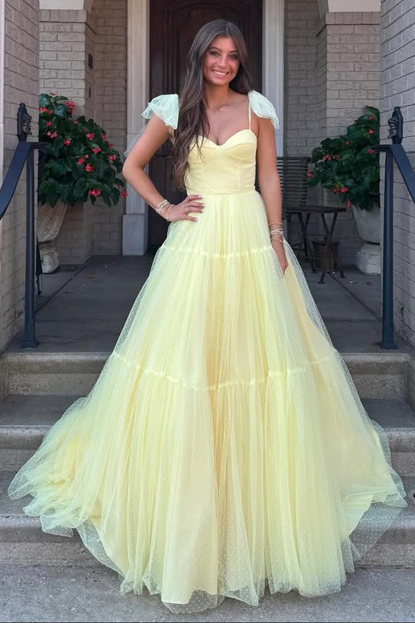 Cute A Line Sweetheart Daffodial Dot Tulle Tiered Long Prom Dress