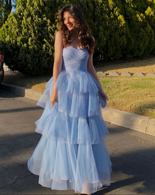 Sweetheart Blue Tulle Sleeveless Pleated Prom Dress