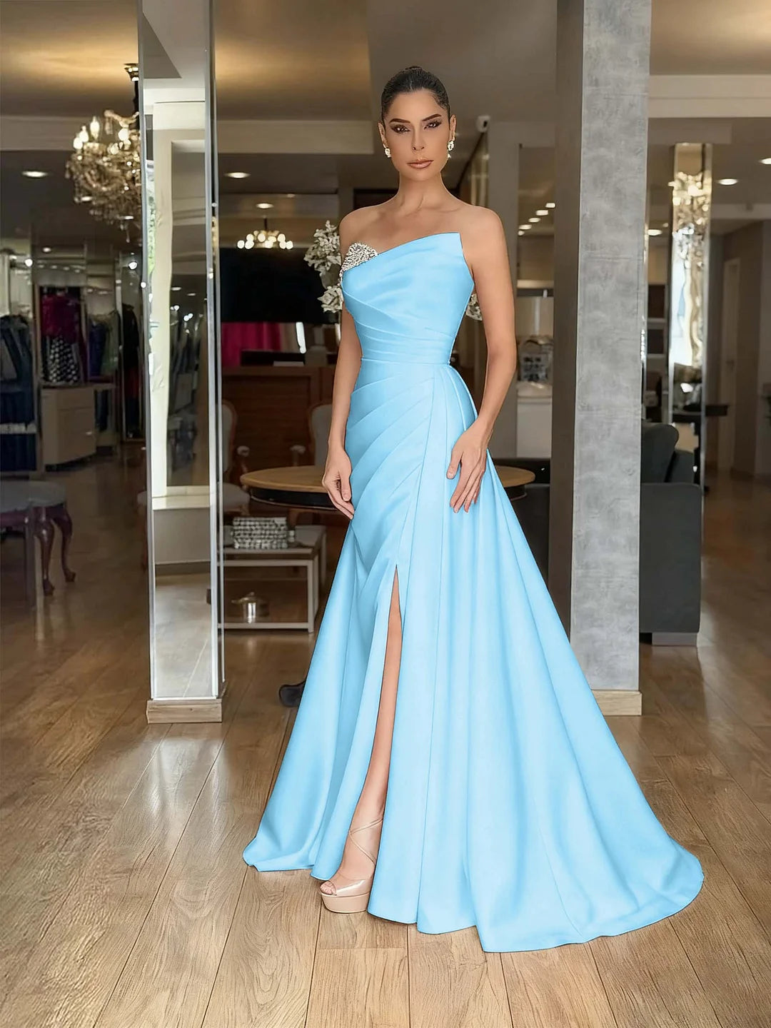 Red Strapless Beaded Pleated Long Prom Dress