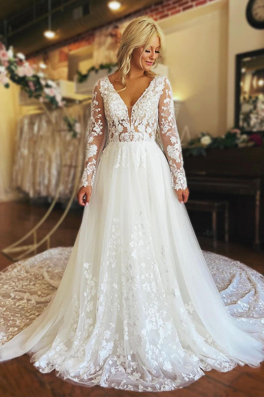 Charming A-Line V Neck Long Sleeve Tulle Lace Wedding Dress
