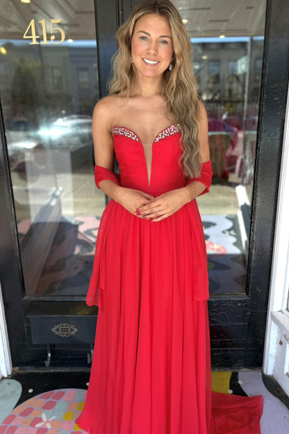 Fairy A Line V Neck Red Chiffon Prom Dresses with Beading