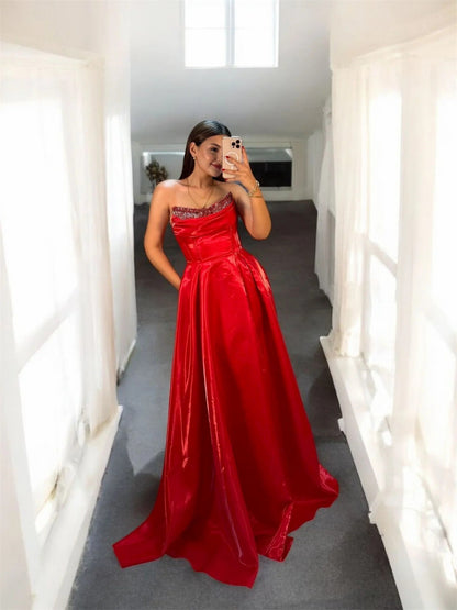 Shiny Satin Beaded Corset Formal Evening Gown