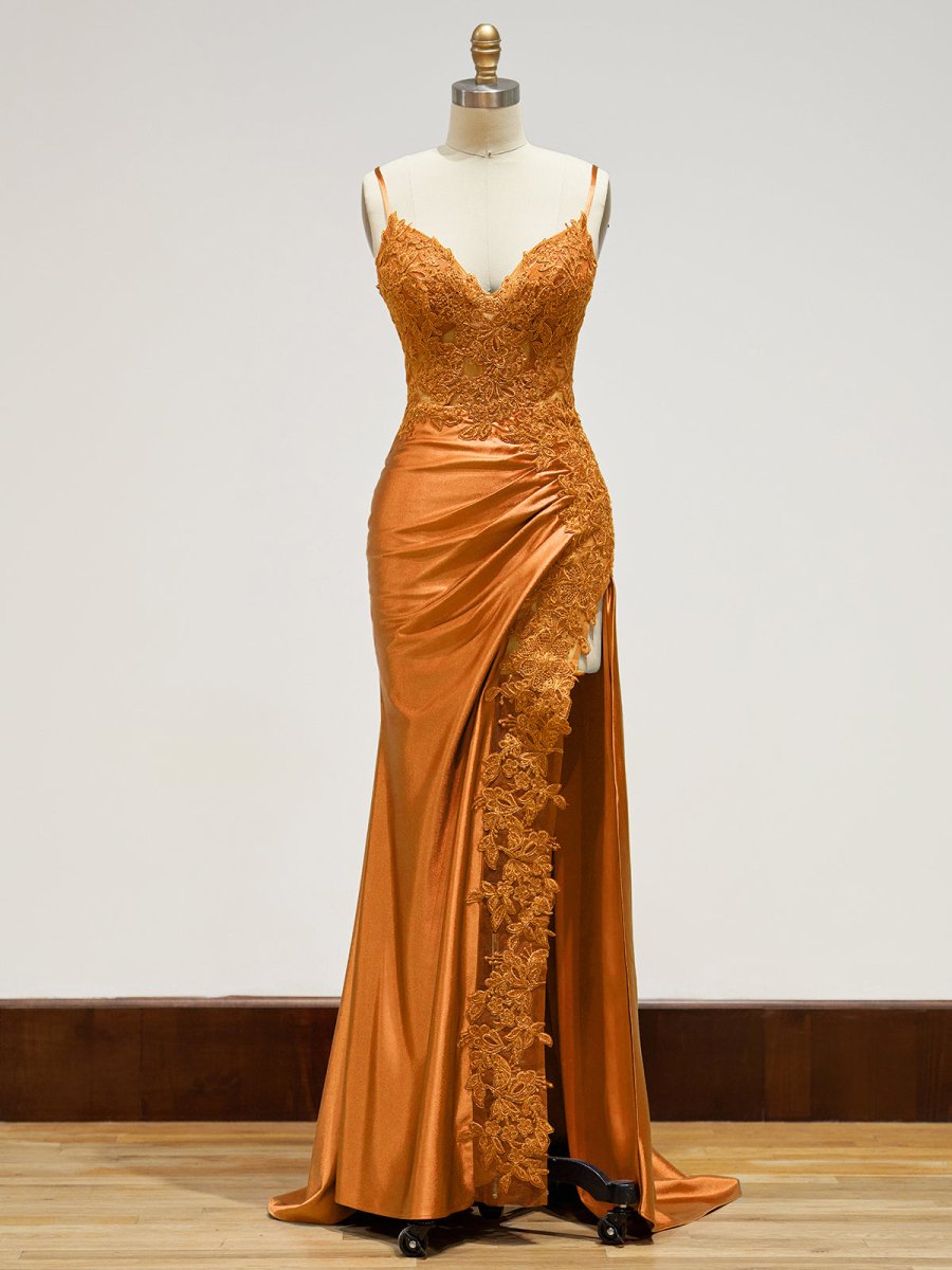 Beatrice | Sheath Spaghetti Straps Black Satin Long Prom Dresses with Lace Appliques