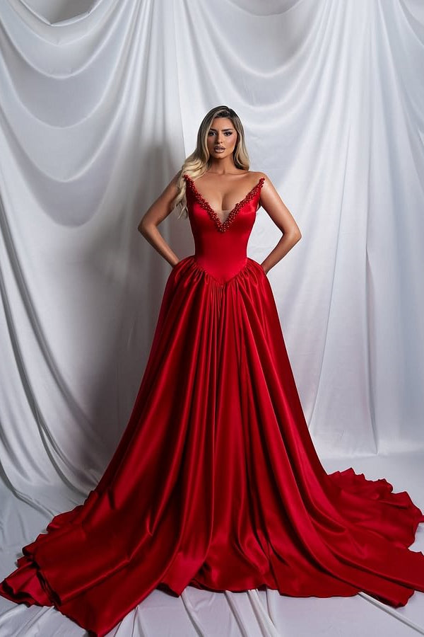 Beautiful Red V-Neck Strapless Satin Prom Dress