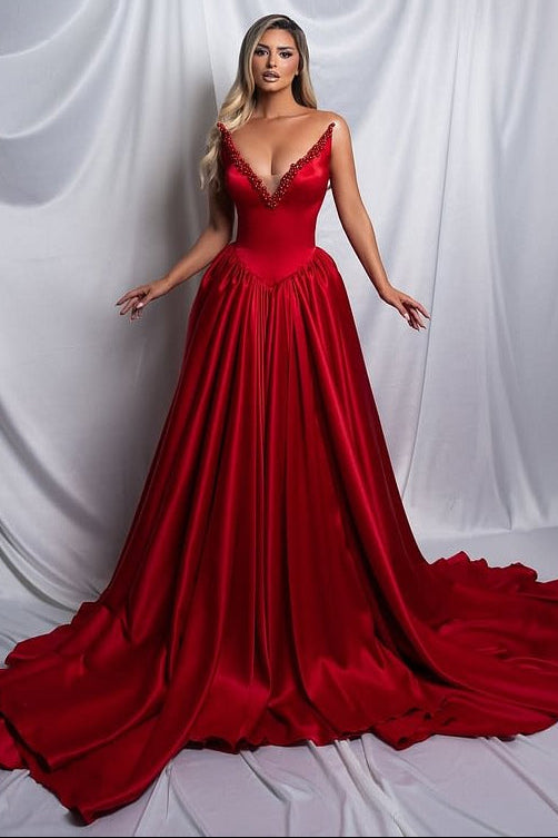 Beautiful Red V-Neck Strapless Satin Prom Dress