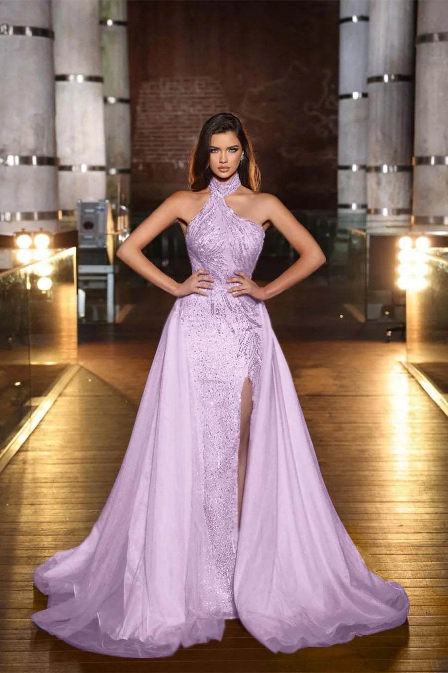 Charming Purple Evening Dress Sleeveless Strapless With Tulle Slit Sequins