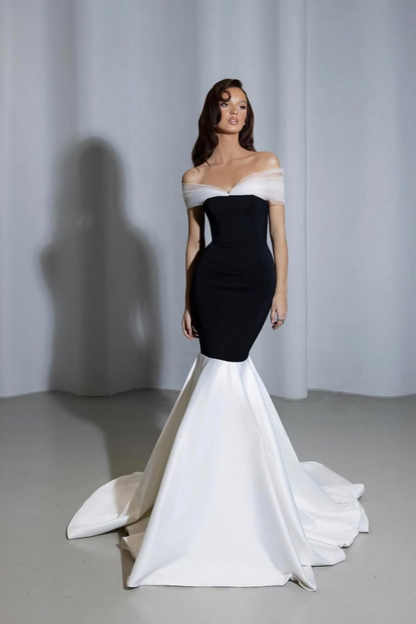 Black White Mermaid Off-The-Shoulder Prom Dress