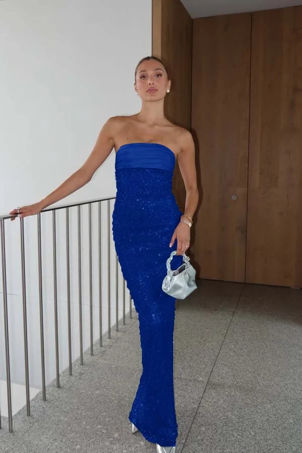 Lilac Strapless Pearls Beaded Sheath Prom Dress