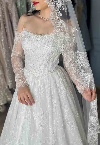 Lace A-Line Court Train Long Sleeves Empire Wedding Dresses with Beading