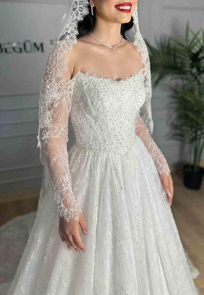 Lace A-Line Court Train Long Sleeves Empire Wedding Dresses with Beading