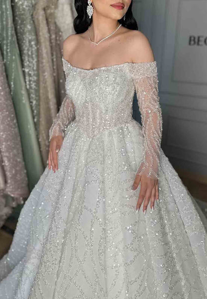 Sparkly A-Line Sequined Court Train Long Sleeves Empire Wedding Dresses
