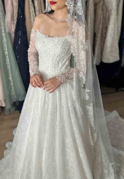 Lace A-Line Court Train Long Sleeves Empire Wedding Dresses with Beading