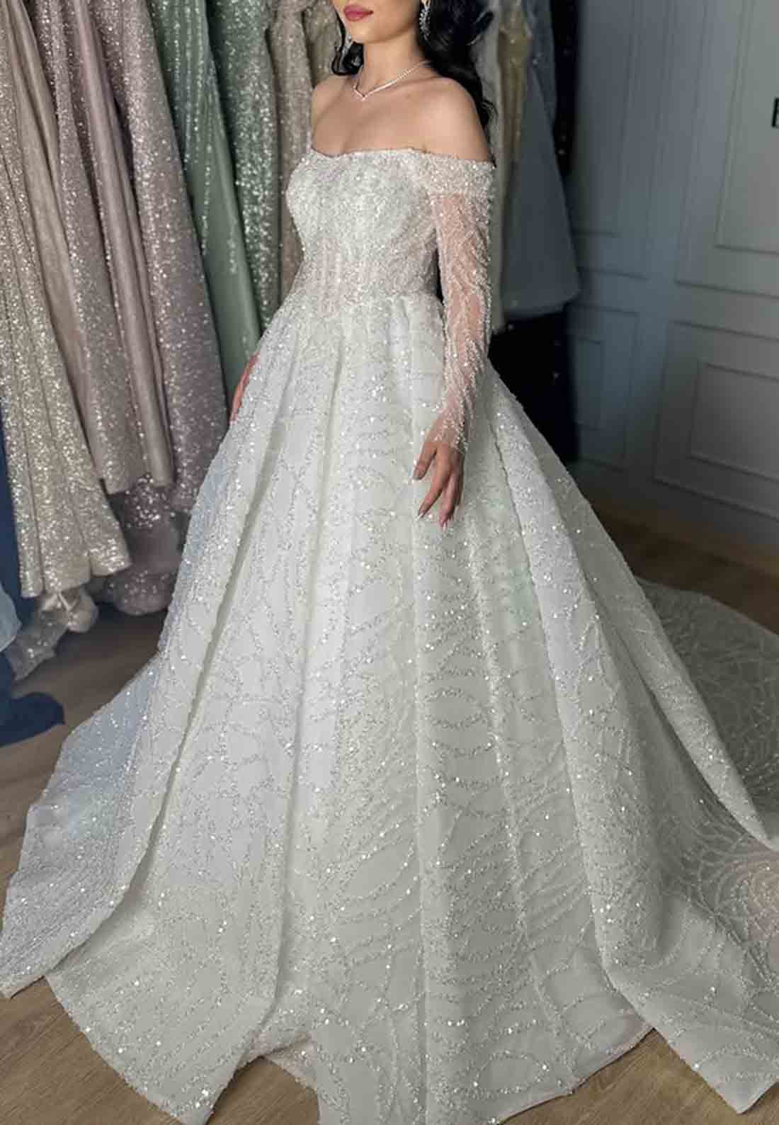 Sparkly A-Line Sequined Court Train Long Sleeves Empire Wedding Dresses
