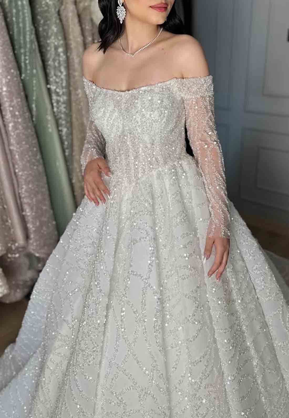 Sparkly A-Line Sequined Court Train Long Sleeves Empire Wedding Dresses