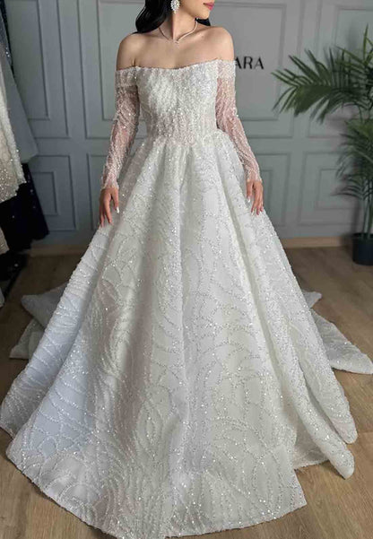 Sparkly A-Line Sequined Court Train Long Sleeves Empire Wedding Dresses