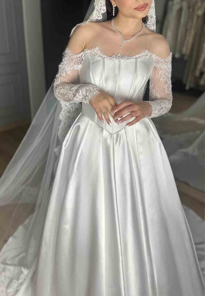Off the Shoulder Lace Long Sleeves Satin A-Line Court Train Empire Wedding Dresses