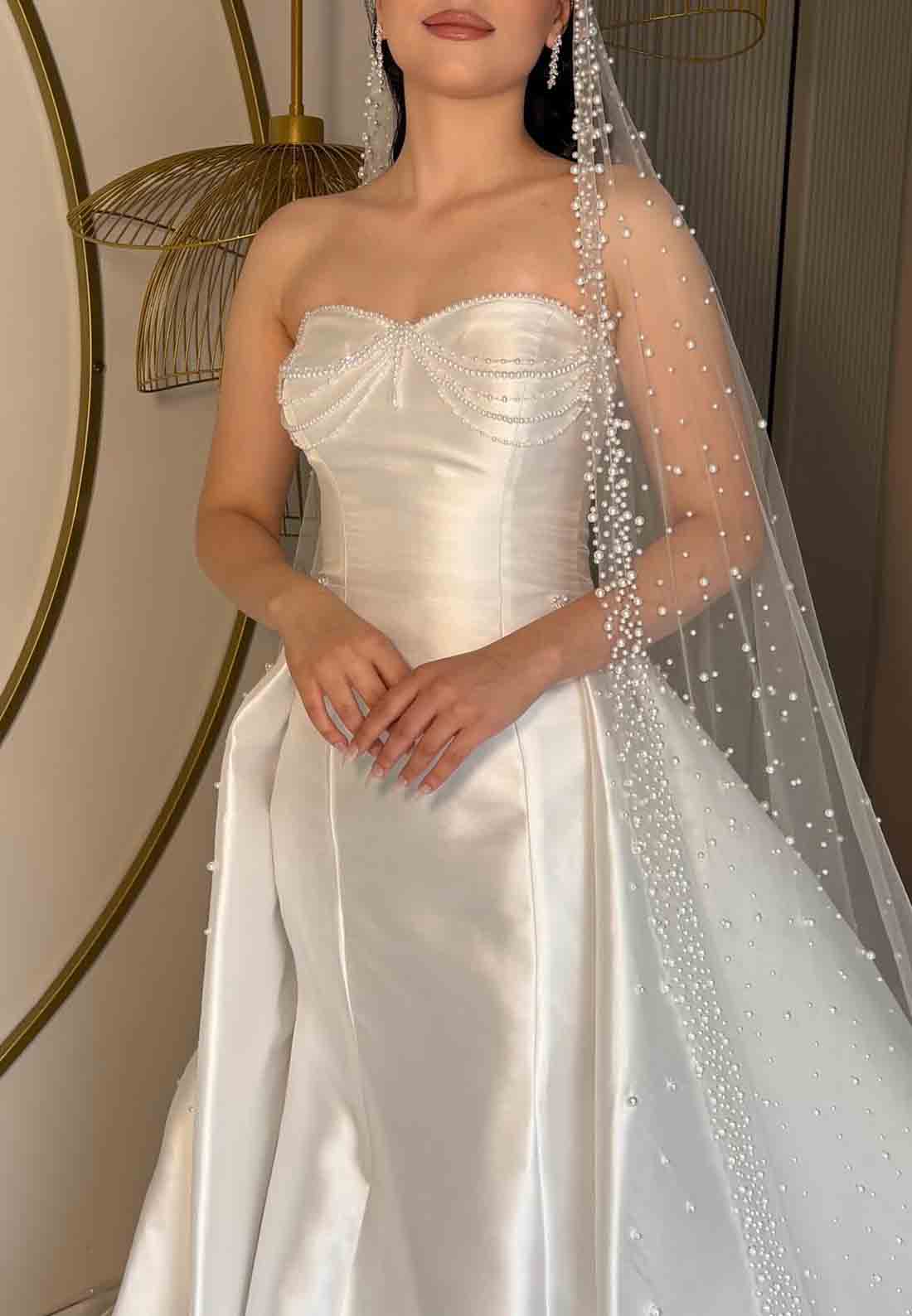 Satin A-Line Sweetheart Court Train Strapless Empire Wedding Dresses with Pearls