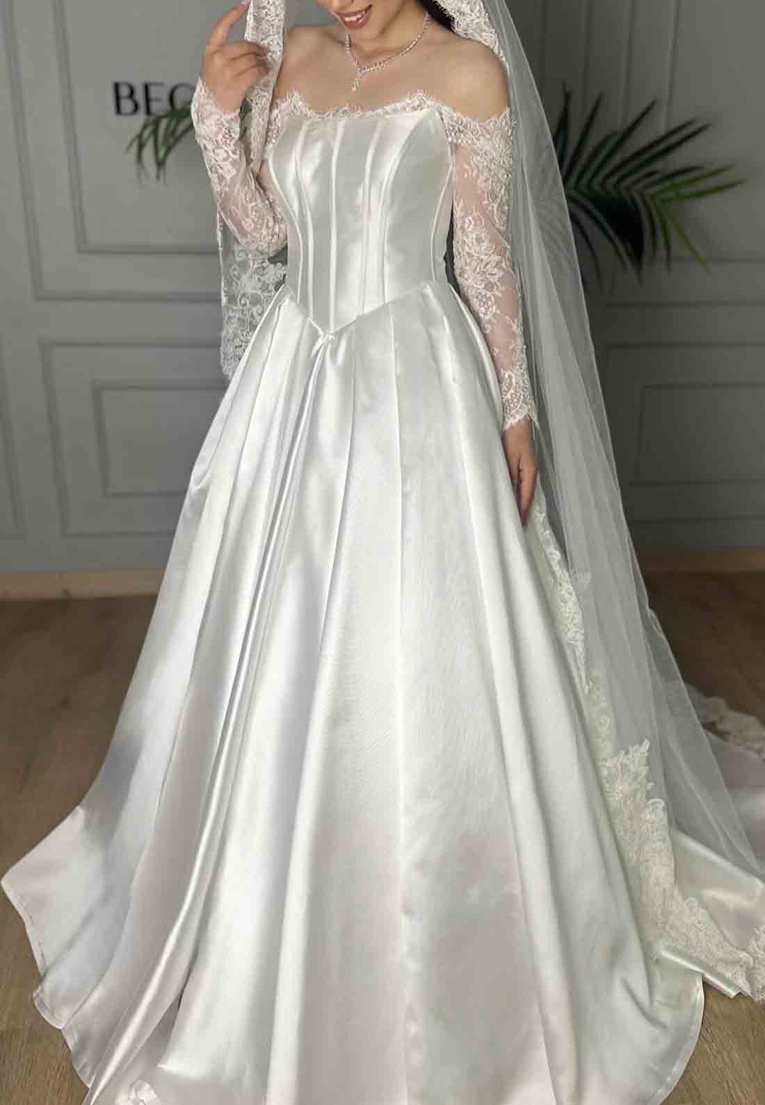 Off the Shoulder Lace Long Sleeves Satin A-Line Court Train Empire Wedding Dresses