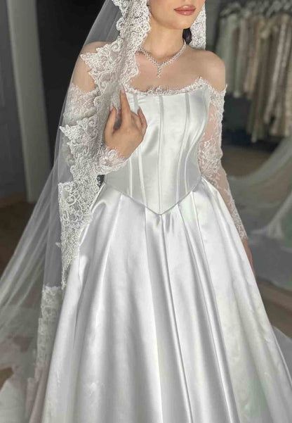 Off the Shoulder Lace Long Sleeves Satin A-Line Court Train Empire Wedding Dresses