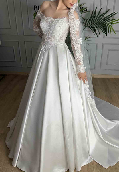 Satin Lace A-Line Court Train Long Sleeves Off the Shoulder Empire Wedding Dresses