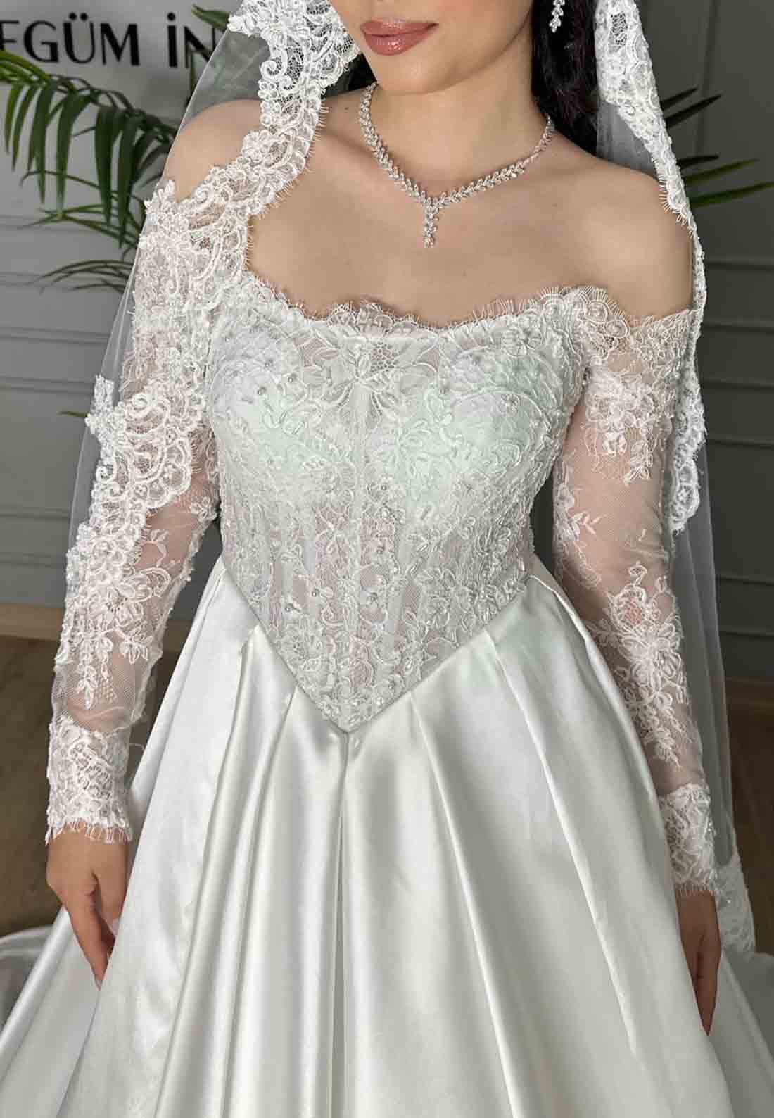 Satin Lace A-Line Court Train Long Sleeves Off the Shoulder Empire Wedding Dresses