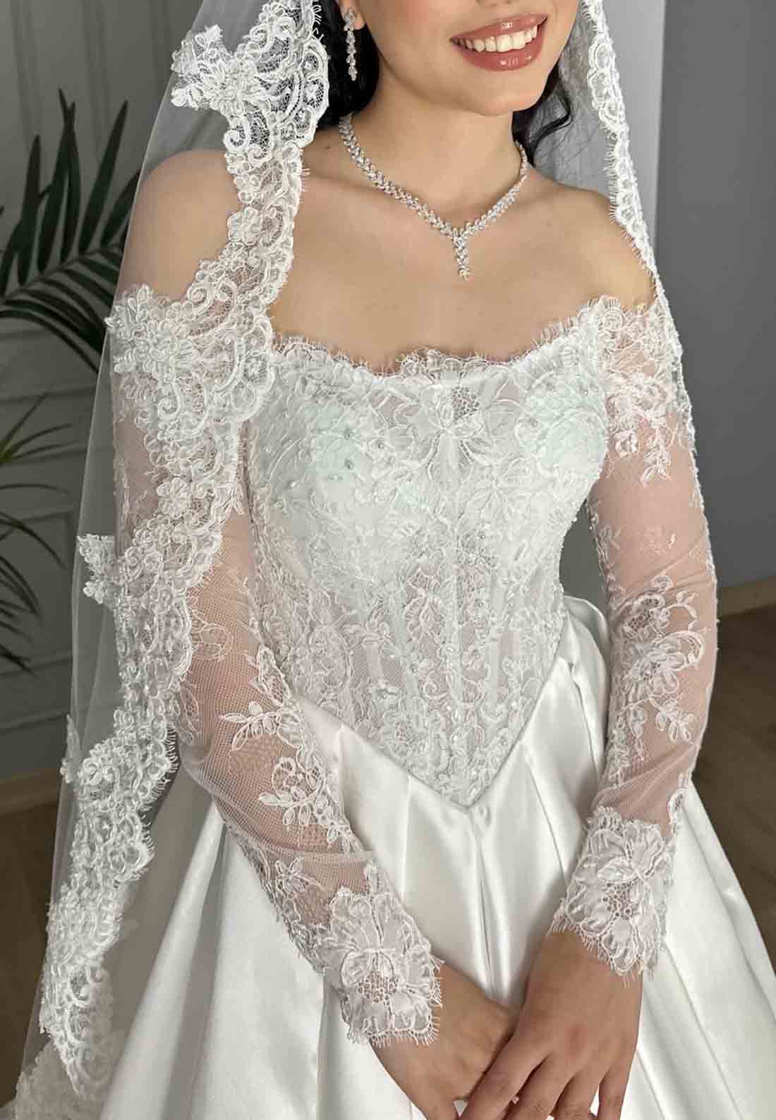 Satin Lace A-Line Court Train Long Sleeves Off the Shoulder Empire Wedding Dresses
