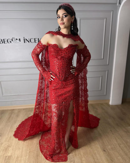 Elegant Lace Shawl Floor-Length Detachable Long Sleeve Mermaid Prom Dress