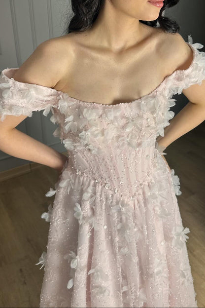 Off Shoulder Floral Appliqué Evening Gown
