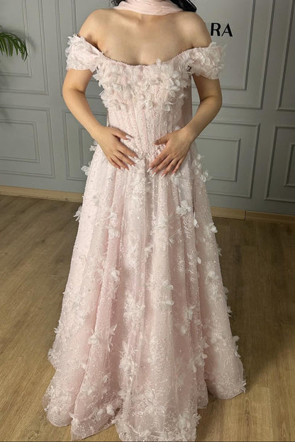 Off Shoulder Floral Appliqué Evening Gown