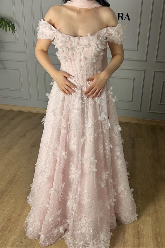 Off Shoulder Floral Appliqué Evening Gown