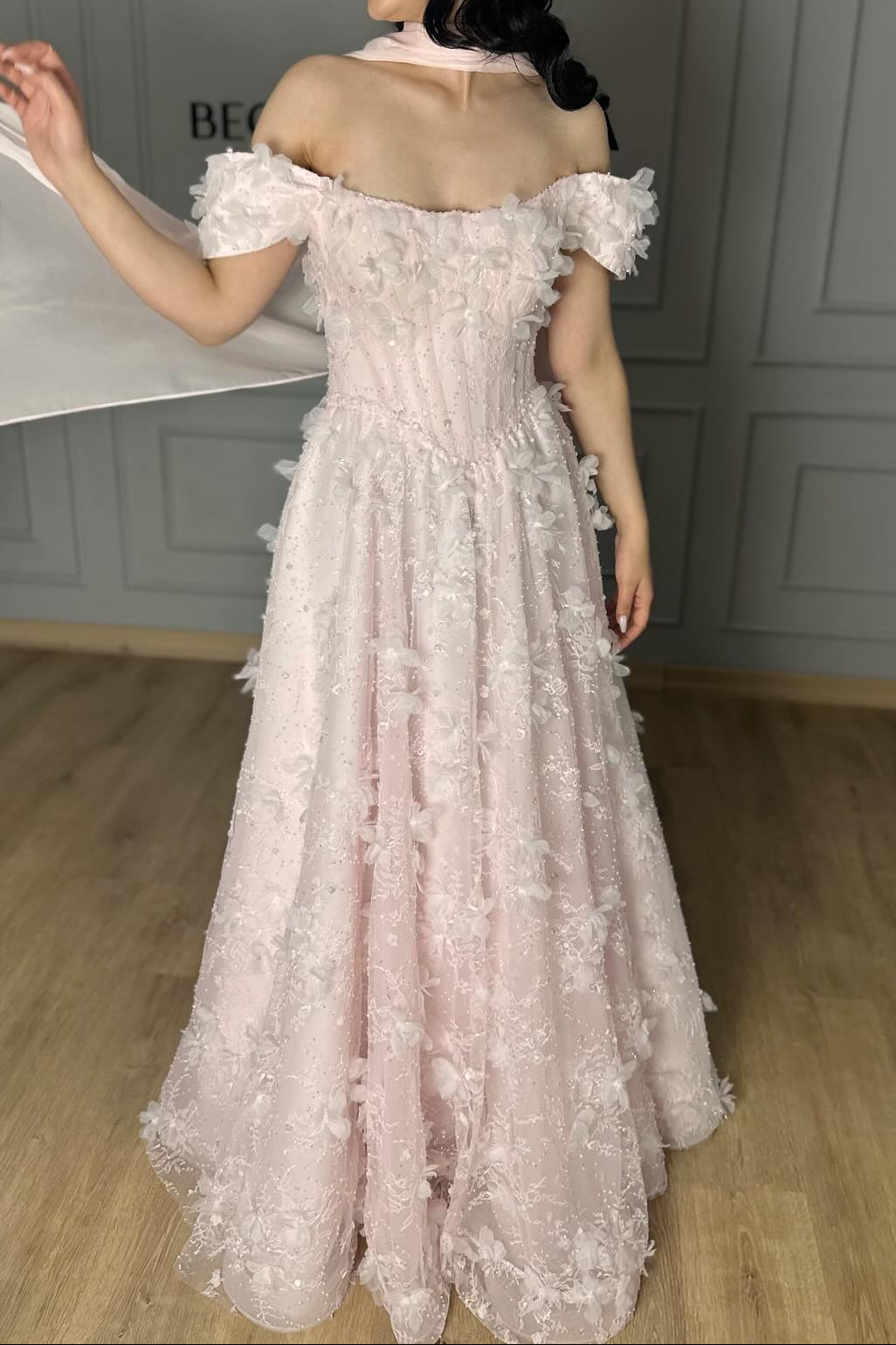 Off Shoulder Floral Appliqué Evening Gown