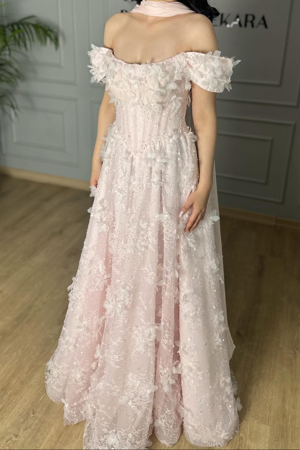Off Shoulder Floral Appliqué Evening Gown