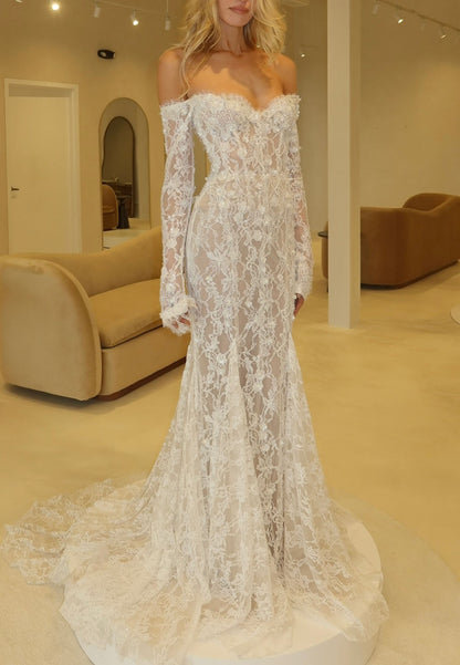 Long Sleeves Lace Off the Shoulder Mermaid Wedding Dresses with Appliques