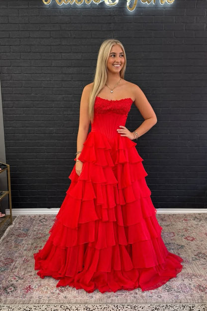 A Line Sweetheart Red Chiffon Tiered Prom Dress