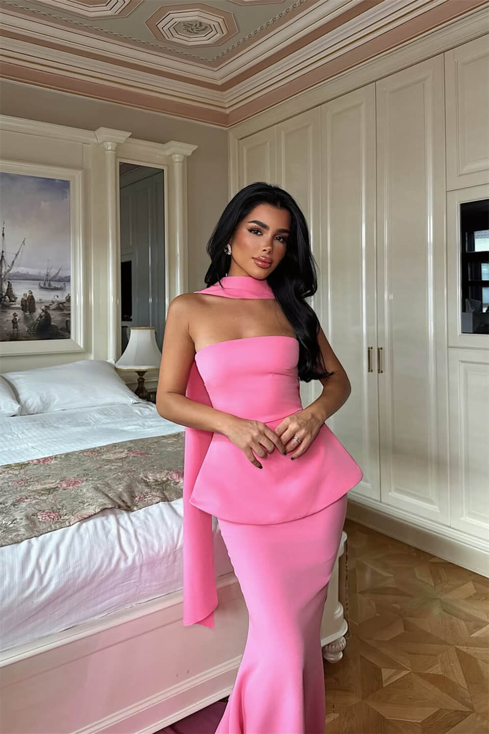 Pink Strapless Sleeveless Mermaid Evening Gowns