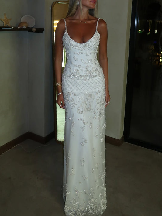 Spaghetti-Straps Sleeveless White Beadings Delicate Prom Dress