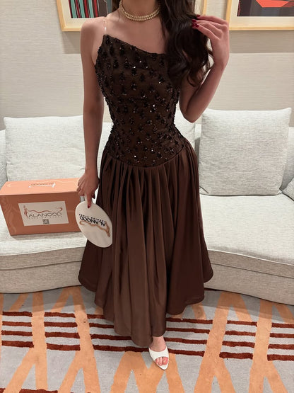 Strapless Sleeveless Sparkl Beaded Ruched A-Line Evening Dress Ankle-Length