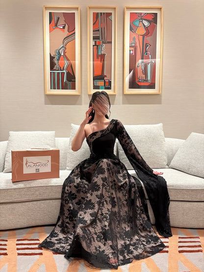 Black Lace One Shoulder Long Sleeve A-Line Evening Dress
