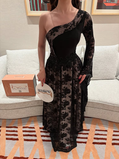 Black Lace One Shoulder Long Sleeve A-Line Evening Dress