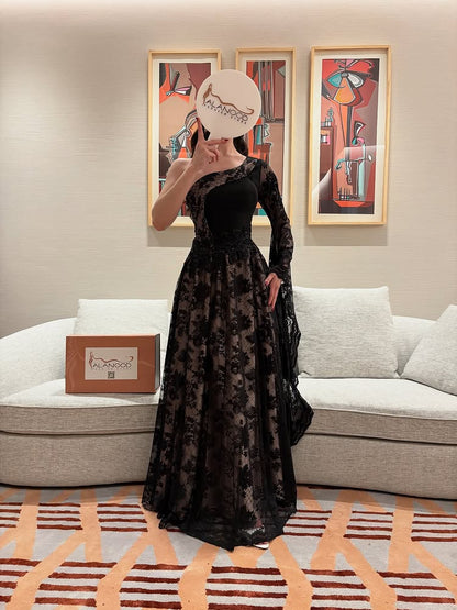 Black Lace One Shoulder Long Sleeve A-Line Evening Dress