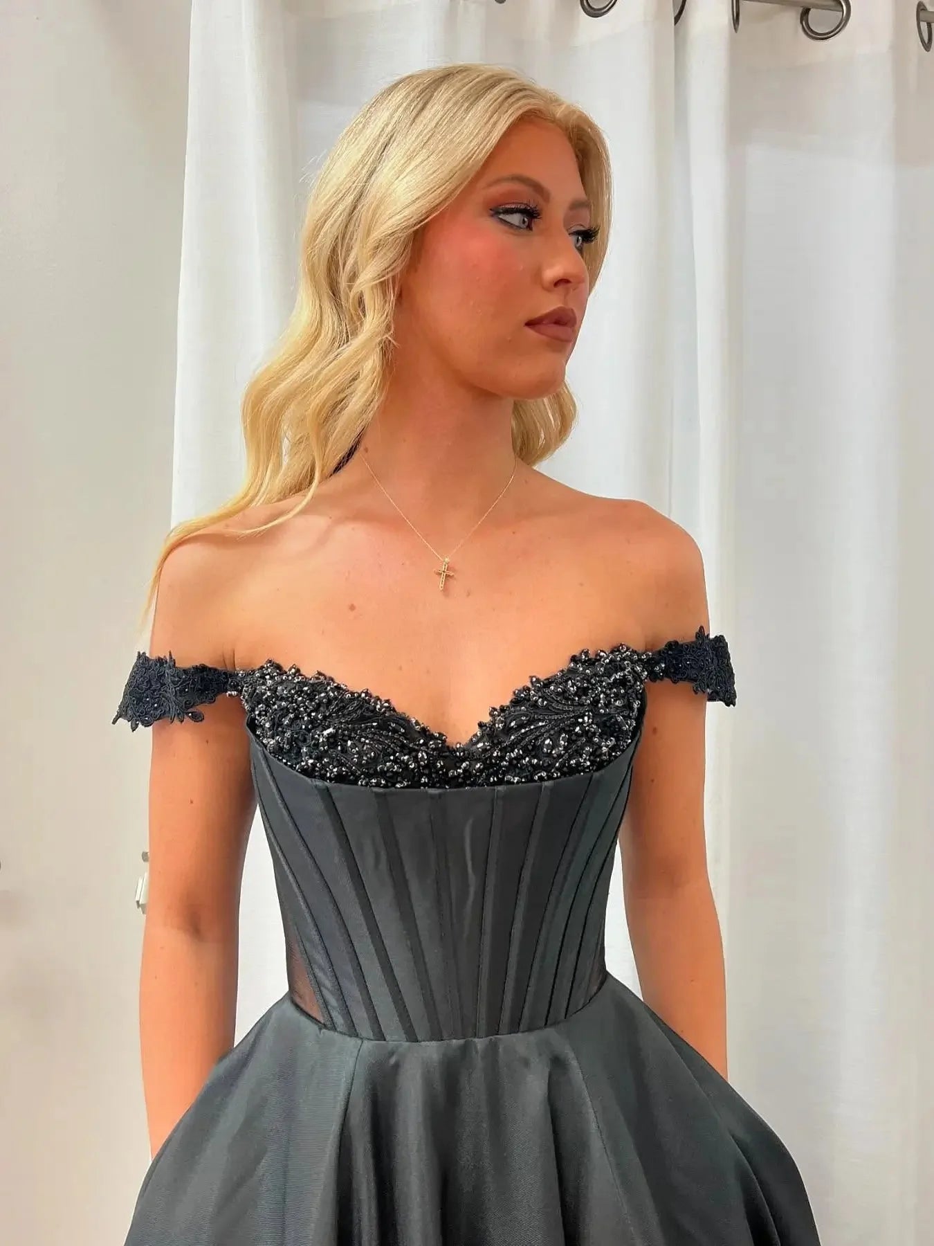 Black Off the Shoulder Satin Prom Dress