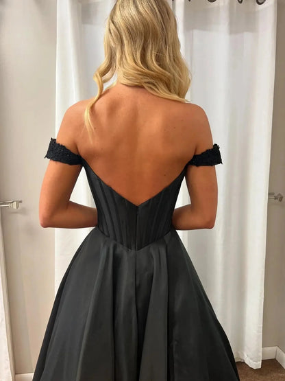 Black Off the Shoulder Satin Prom Dress