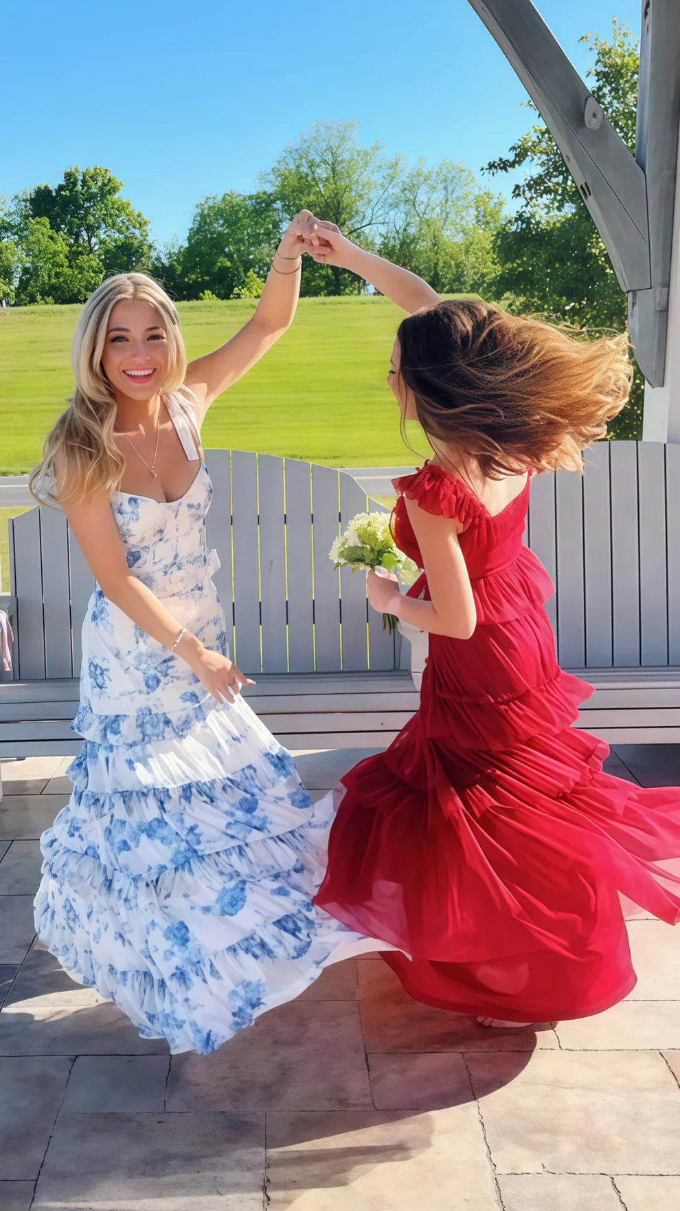 Blue Floral Senior Prom Dress Ruffles Tiered Evening Dress